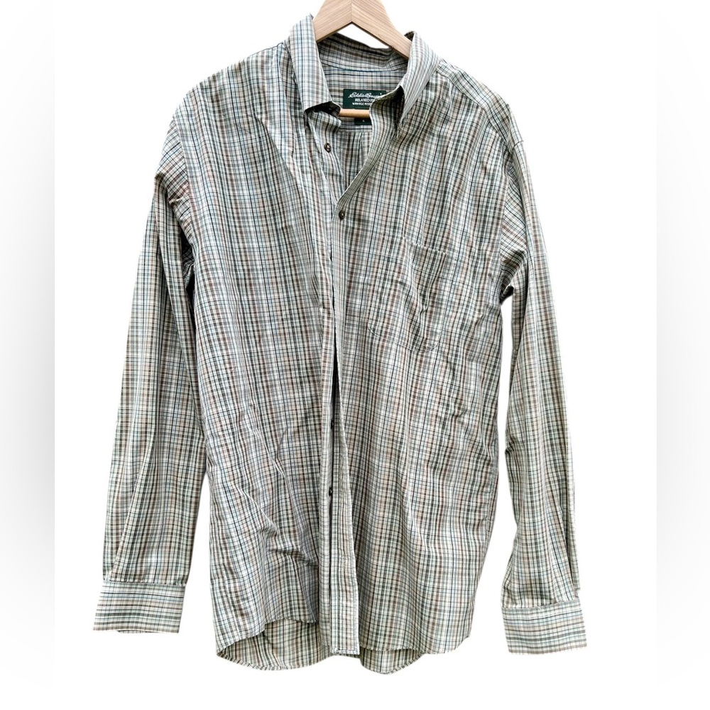 Eddie Bauer Shirt Button Down Wrinkle Resistant Sz. Large Tall Plaid 100% Cotton